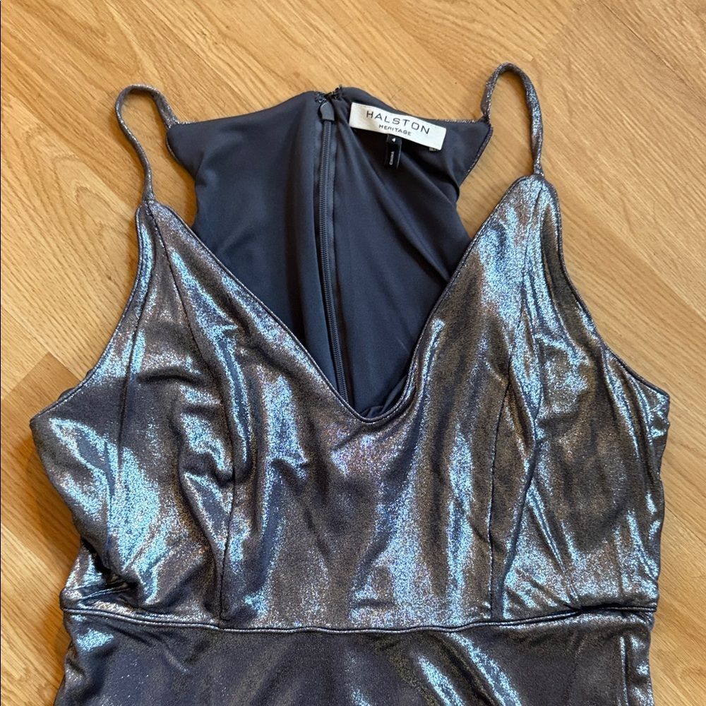 Halston Heritage Metallic Dress Midi Sleevless Size 4 Cocktial Party V Neck - Picture 4 of 8